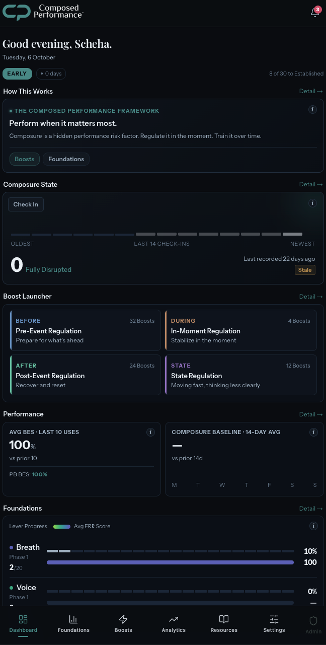 Composed Performance app dashboard showing composure check-ins, the Boost Launcher and Foundations progress