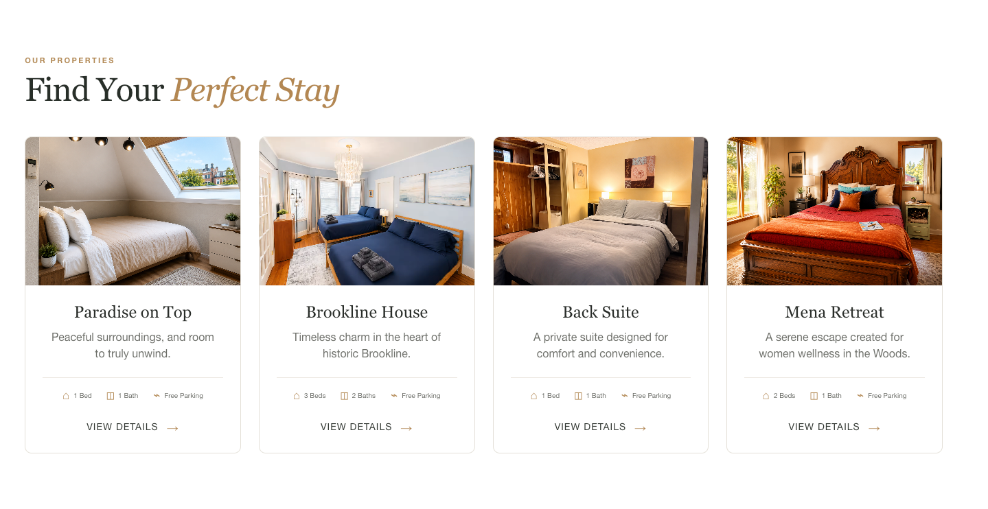 Furnished Rentals Made Easy booking page, Find Your Perfect Stay, listing four furnished properties