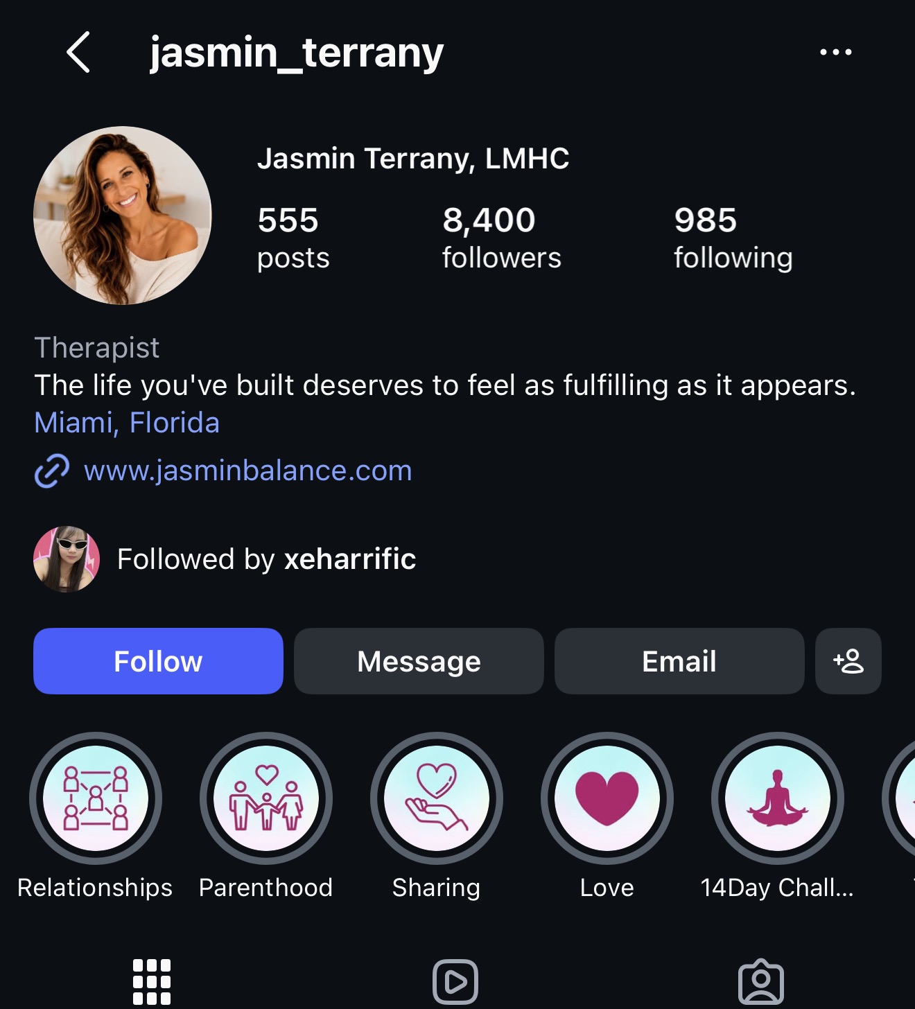 Jasmin Terrany's Instagram profile, @jasmin_terrany, linking to jasminbalance.com