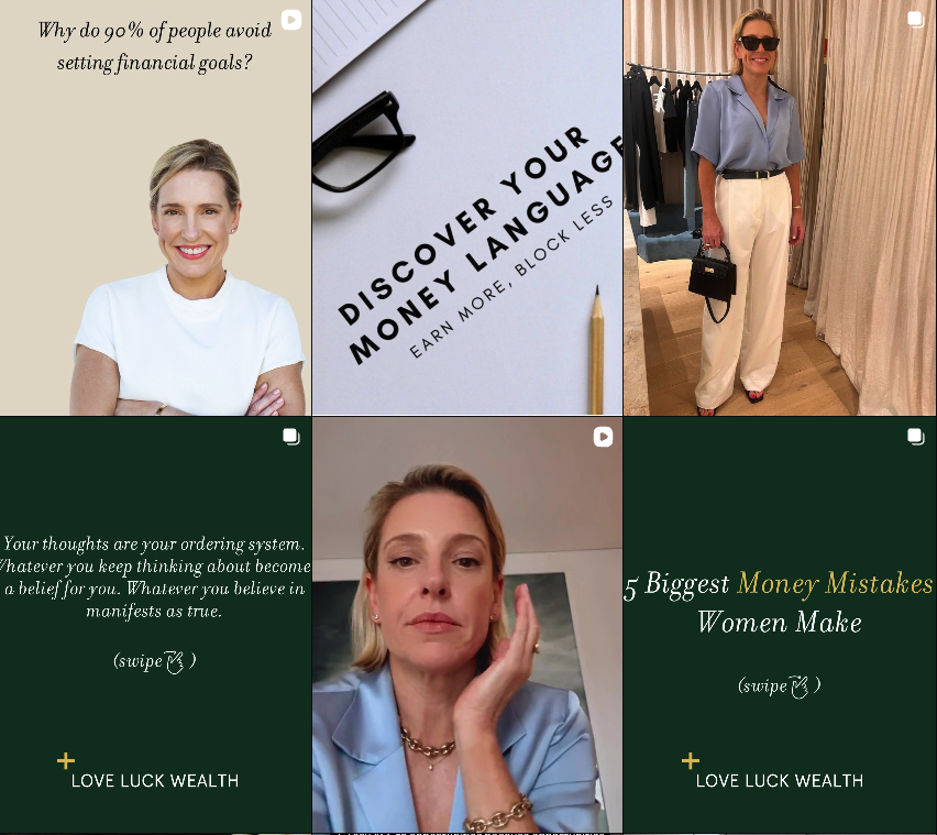 Six Love Luck Wealth Instagram posts, including money-mindset carousels in deep green and talking-head Reels with Julia Scott