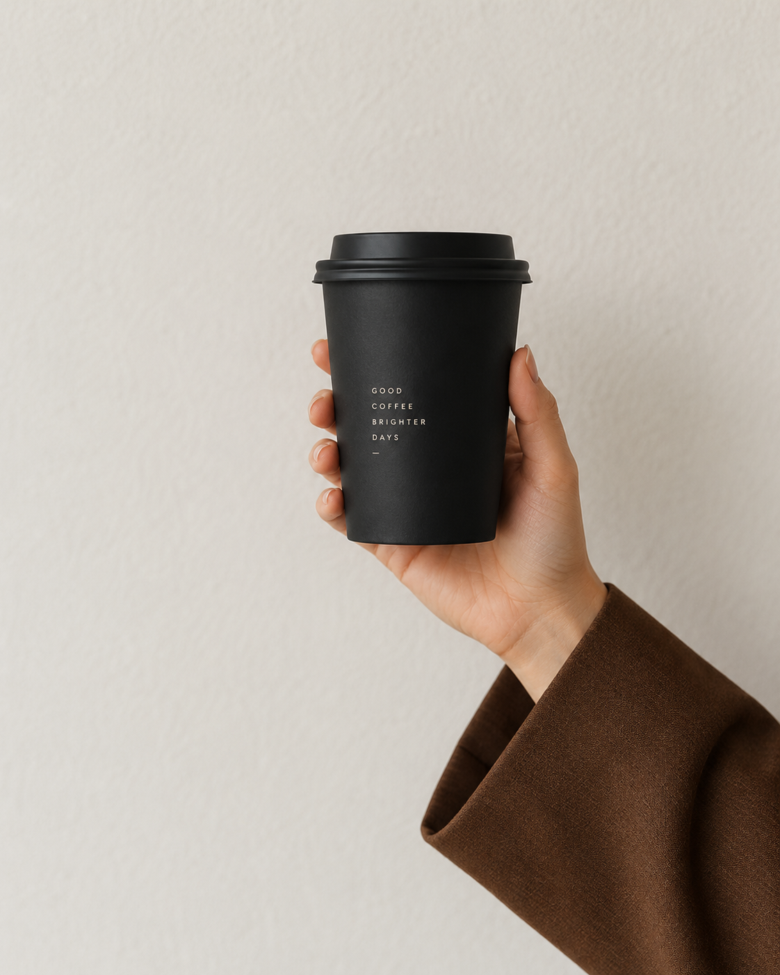 Minimal black coffee cup held against a neutral background