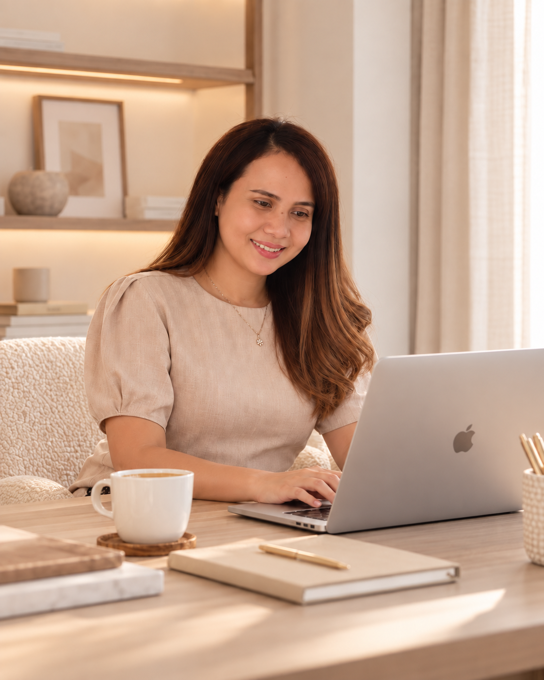 Scheha smiling as she works on her laptop at a warm, minimal desk